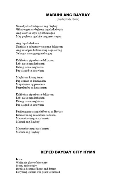 deped cabadbaran hymn lyrics|DepEd Baybay City Division Hymn .